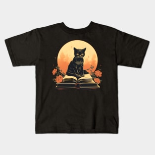 Floral Black Cat And Book Catshirt Kids T-Shirt